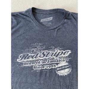 Red Stripe Mens Large T-Shirt Navy Blue Distressed Jamaica Beer Graphic Tee Beer